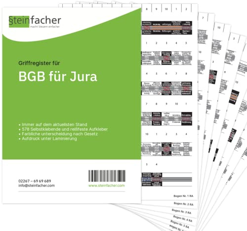 Steinfacher Griffregister BGB FÜR JURA - 578 bedruckte Aufkleber, inkl. Einklebeschablone für gebundene Textausgaben (Folien | fester Kleber)