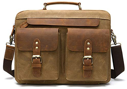 Businesstasche Aktentasche Männer Handtasche, Herrenhandtasche Segeltuch-Leder-Aktenkoffer 14 Laptop Messenger Schultertasche Horizontal Umhängetasche Tasche Reisebüroarbeit Satchel Jungen Messenger