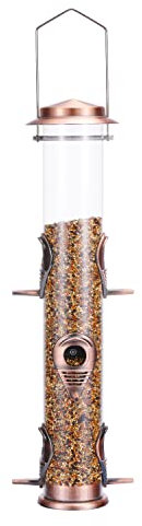 MIXXIDEA Vogelfutterspender aus Metallrohr für den Außenbereich, zum Aufhängen, für Wildvögel, 6 Anschlüsse, hängende Vogelfutterstation, zieht Vögel im Garten, Balkon an – Antikes Kupfer – 1 Packung