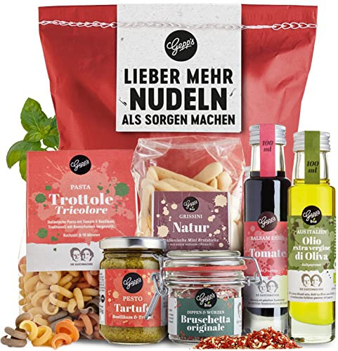 Gepp's Feinkost Wundertüte - Lieber mehr Nudeln als Sorgen machen I Witzige Geschenkidee mit Delikatessen wie in Italien hergestellte Pasta, Pesto Limone, Bio Bruschetta Dip I Geschenkset