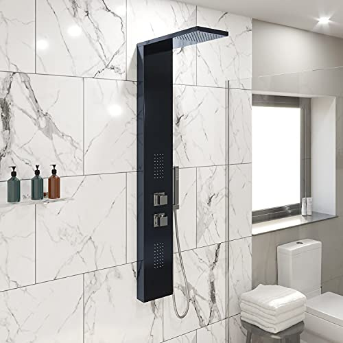 Architeckt® Thermostatic Shower Tower Column Panel, Three Function 3-in1 System with Rainfall Head Handset 2 Body Jets Square Showers, Mirrored Black
