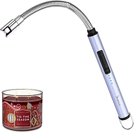 SUPRUS Accendino per candele ricaricabile, elettrico, ad arco elettrico, tripla sicurezza, alloggiamento in acciaio inox e gancio per appendere, con collo flessibile a 360° (blu)