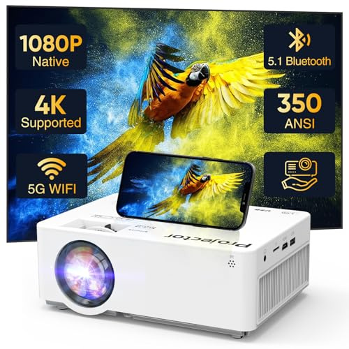 Inbyggd 1080P-projektor med 5G WiFi Bluetooth (med stativ), 4K hemprojektor som stöds, bärbar utomhusprojektor med max 300 tums skärm, filmprojektor kompatibel med TV-stick, HDMI, telefon