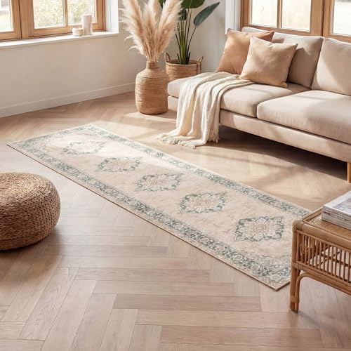 FRAAI | Home & Living Vintage LäUfer - Spring Medaillon Creme Grün - 80x250 cm - Polypropylen - Kurzflor - Vintage - Boho, Orientalisch - Wohnzimmer, Schlafzimmer, Flur