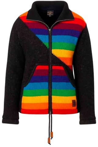 Kunst und Magie Damen Strickjacke gefütterte Wolljacke Strickpullover Goa Wolle Bunte Jacke Regenbogen