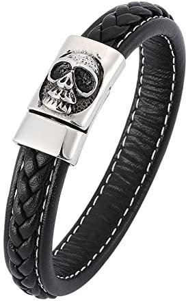 Ayoiow Männer Armband Indianer, Armreif Edelstahl Armband Leder Jungen Schwarz Armband mit Totenkopf