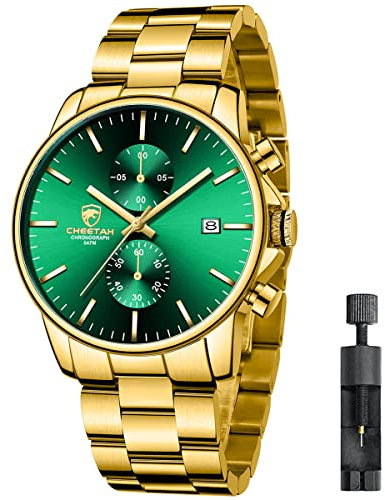 Affute Uhren Herren mit Edelstahl und Metall, Leger, Wasserdicht, Chronograph, Quarzuhr, Automatisches Datum, Bunte Zeiger Armbanduhr Herren - Gold Grün