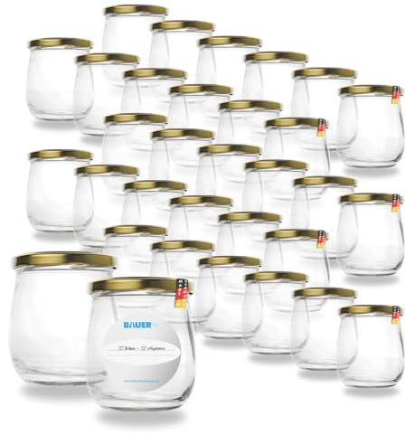 Flaschenbauer - 32x Einmachgläser 417ml - Konservengläser mit TO82 Twist-Off Deckel, inkl. Etiketten - Marmeladengläser, mit Schraubdeckel, Schraubgläser, Joghurtgläser (Gold) - Made in Germany