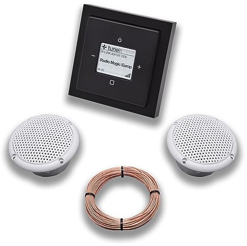 Busch Jäger iNet Internet Unterputz Radio 8216U Future SCHWARZ MATT, Komplett-Set mit 2 x Decken Feuchtraumlautsprecher/Badezimmer + 20 m Lautsprecherkabel 2x0,75 mm2 8216U