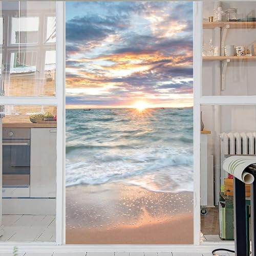 Meer 3D Fensterfolie Strand Selbsthaftend Statisch Opaque Privacy Glass Sticker Fensteraufkleber Türfolie Ensterfolie Selbsthaftend Blickdicht 43x120cm