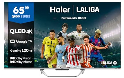 Haier QLED 4K UHD H65Q800UX - 65, Smart TV, Google TV, Dolby Atmos y Dolby Vision, HDR 10, Smart Remote Control, Google Assistant, Bluetooth 5.1, DBX TV, HDMI 2.1 x 4, Sin Marcos, 2023