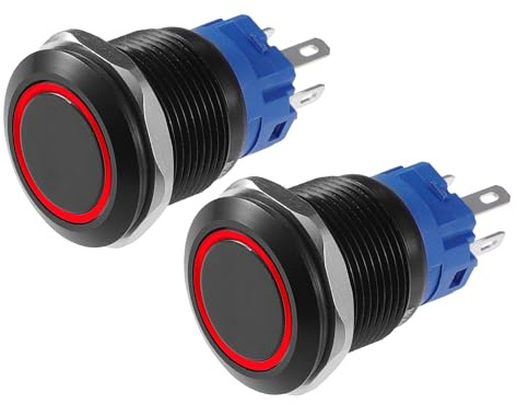 X AUTOHAUX 2 Pulsadores Eléctricos Interruptores de Botón Momentáneos para Interior de Coche de 19 mm, Anillo Rojo LED