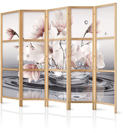 murando - Paravent Raumteiler Holz Blumen, 225x172 cm, 5-teilig, Wohnzimmer | Mobiler Sichtschutz, sofort einsatzbereit, Holzrahmen, ideal fürs Wohnzimmer oder Büro, geruchsneutral, lichtbeständig