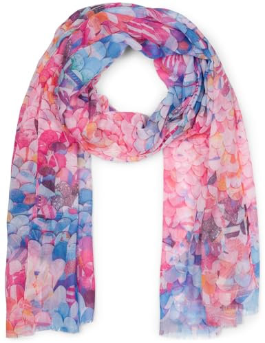 styleBREAKER Damen Schal mit buntem Schuppen Muster, Leichtes großes transparentes Tuch mit kurzen Fransen 01016224, Farbe:Pink-Blau