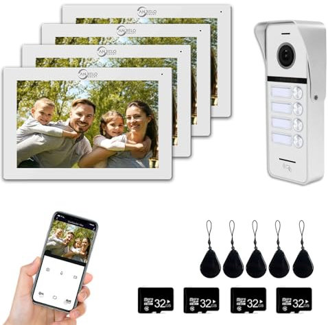 1080P Video-Türsprechanlage (verkabelte Türklingel), 4-Familien-Türklingel, 7-Zoll-Touchscreen-Display, Entriegelungsunterstützung, Zwei-Wege-Sprechanlage (Weiß)