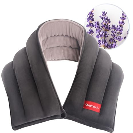 Comfheat Neck Heating Pad Microwavable for Neck Pain Relief, Moist Hot Compress Microwave Neck Warmer Wrap for Sore Muscles Relief, Microwave Heated Wheat Bag, Lavender Aroma, 25 x 5.7 Inches, Grey