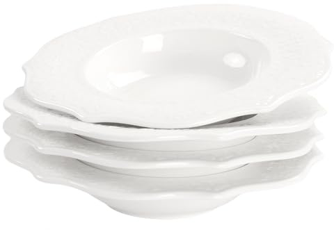 jinsongdafa Soup Bowls, Pasta Bowls Plates, White Salad Bowls Set of 4, Embossed Porcelain Wide Rim Bowls, 8.5 Oz, Microwave & Dishwasher Safe, Best for foodies and restaurants 8.75 Inch Laciness