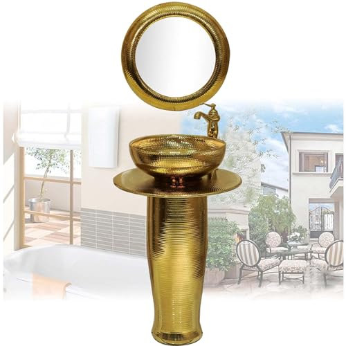 ZTGL Rund Waschbecken mit Säule Keramik Standwaschbecken Waschtisch Säule Badmöbel Modern Freistehendes Waschplatz Mit Wasserhahn Und Abflussgarnitur,with Mirror