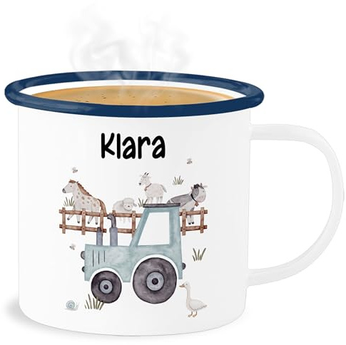 Emaille Becher Blechbecher - Bauernhof Traktor Tiere mit Namen Landwirtschaftlicher Tiermotiv Bauernhoftieren - 300 ml - Weiß Blau - personalisierte tasse kita traktoren kuh trinkbecher