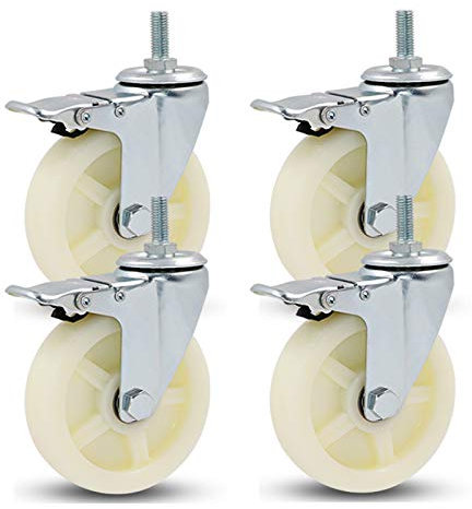 Schwerlastrollen, Lenkrollen, Universalräder, Schwerlast-Lenkrollen für Möbel, Trolleyrollen mit Nylon, Transportrollen, Industrierollen, M12 x 25 mm Gewindeschaft, 4er-Pack (Bremse + Universal 18 mm