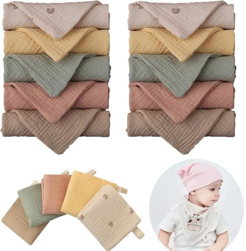 10 Stück Baby Musselin Waschlappen Kinderservietten, Handtücher Set für Neugeborene, 23x23cm Gesichtstücher und Badetuch, Mehrweg Baby Waschlappen 100% Baumwolle Zufällige Farbe