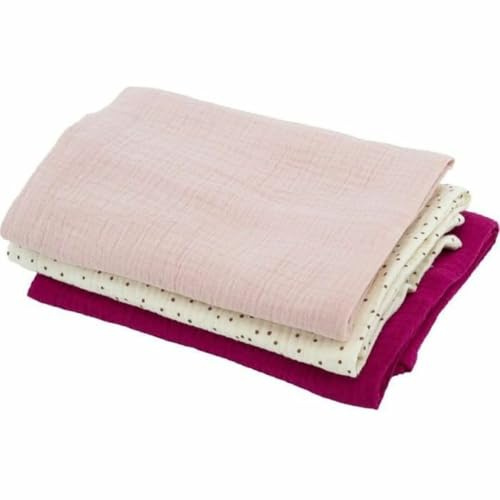 Domiva - Set mit 3 Mullwindeln aus Baumwoll-Gaze: 1 Druck + 2 Uni Rosa Grönadin, 60 x 60 cm, 1 Druck + 2 Uni, Rosa