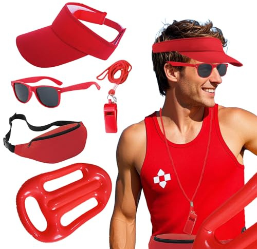 Lifeguard Fasching Kostüm Rot Rettungsschwimmer Kostüm Set Erwachsener mit Visor Verstellbare Sonnenschutz hut Sonnenbrille Sportpfeifen Boje Rettungsring Bademeister für Karneval Halloween (5)
