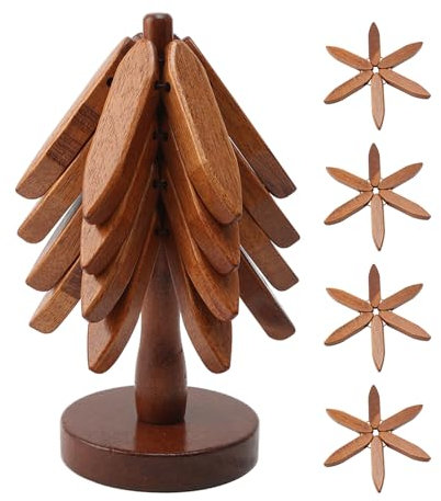 Dessous de plat en bois de hêtre naturel pliable pour plats chauds, théières, casseroles, poêles et 4 dessous de plat + 1 support