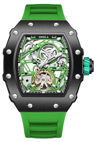 DAXIAOYU Mode Tonneau silikonrem helautomatiska klockor för män urholkade roder svänghjul mekanisk klocka Tourbillon skelett vattentät armbandsur, Svart grönt, Lyx