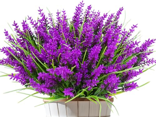 Kinisty 12 Bundles Artificial Flowers Outdoor Faux Lavender Plants, Lotus | Decoration for Indoor, Outside, Garden, Planters & Window Boxes.
