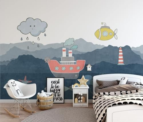 XLMING Cartoon Sea Fishing Boat Lighthouse Minnow 3D Wallpaper Home Study Office Dining Room Sofa Bedroom Living Room TV Backdrop-430cm×300cm