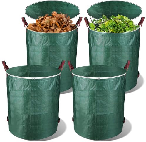 ISOISL 4X Gartenabfallsack, 272L Gartensack mit 4 Stabilen Griffe, Selbststehend Faltbar Laubsack Groß Robust, mit Deckel verschließbar, Gartensäcke für Gartenabfälle, Laubabfal, Grünschnitt