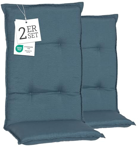 Beo® Turin Hochlehner Gartenstuhl-Auflagen 2er Set | Waschbar bei 30°C | Atmungsaktive, UV-beständige Sitzkissen Outdoor | Made in EU, Öko-Tex Standard, 118x46x8 cm