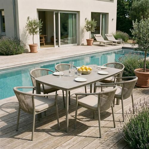 IDIMEX Gartenmöbel Set TAVOLO mit 6 Stühlen und Tisch, Champagner - 180x90 cm Gartentisch mit Keramik- Platte, Outdoor Essgruppe, Stühle mit Rope Bespannung, wetterfest für Garten Terrasse & Balkon