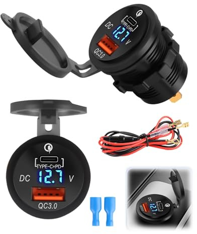 Car Charger Socket USB C 48W Total Output Type-C/USB-A Fast Charging QC3.0 | Dual Port LED Voltmeter 12V/24V Waterproof Car Charger for Car, Motorcycle, RV, Boat, Marine, ATV, Truck