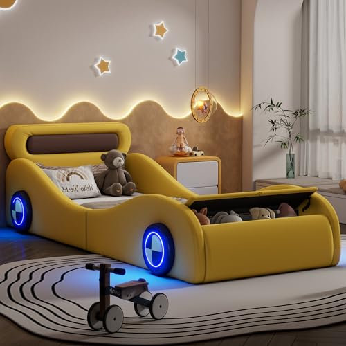 KEYIDE Kinderbett 90x200 cm, Auto Kinderbett mit leuchtenden Rädern und Stauraum, Autobett Polsterbett Einzelbett mit Lattenrost, PU, Ohne Matratze (Gelb)
