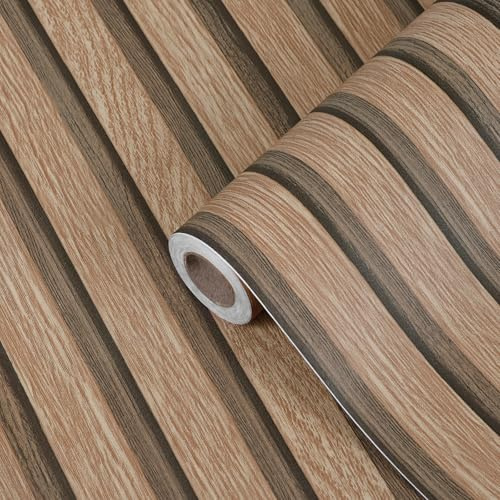 Wood Slat Wallpaper Light Brown Realistic Wooden Grain Self Adhesive Removable Panel Wall Paper 33 x 204 cm, Vintage Rustic Wallpaper Peel and Stick Contact Paper for Bedroom, Furniture, Feature Walls