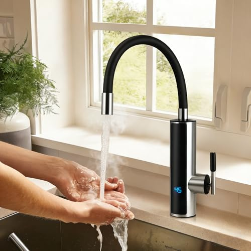 Wasserhahn mit Durchlauferhitzer, 3000W Elektrischer Wasserhahn, Durchlauferhitzer mit Armatur Flexibler Auslauf und LCD Temperaturanzeige, 360º Drehung Schnellheizungshahn Armatur für Küche, Garten