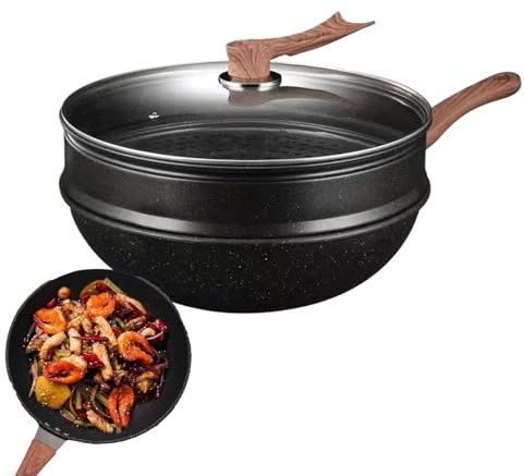 Mihauuke Poêle avec Couvercle - 32 cm Poêle Profonde Antiadhésive avec Couvercle - Accessoire de Cuisine pour Cuisson à la Camping Vapeur Pâtisserie Crêpes