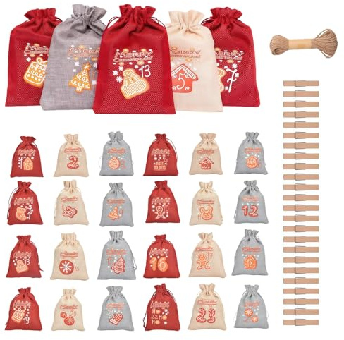 LUMOOM 24 pezzi calendario dell'Avvento da riempire, sacchetto di stoffa, calendario completo per bambini, set di sacchetti di stoffa da riempire, calendario natalizio, sacchetti dell'Avvento (B)