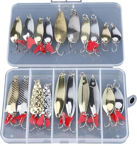 Señuelos de Pesca con Cuchara, Cebo Duro, 21 Unidades/Juego de Metal, Cebo Giratorio con anzuelos triples para lubina salmón