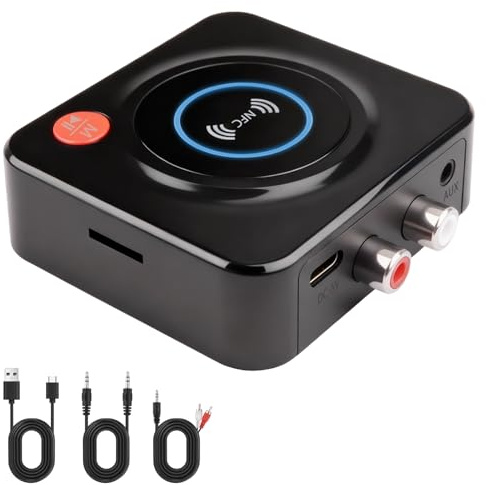 Receptor Bluetooth 5.1 HiFi, Adaptador Bluetooth Audio, Inalámbrico con Adaptador de Audio AUX 3,5 mm y RCA, Llamadas Hands-Free, para Altavoz, Coche, Estéreo, Alcance 10 M, Negro