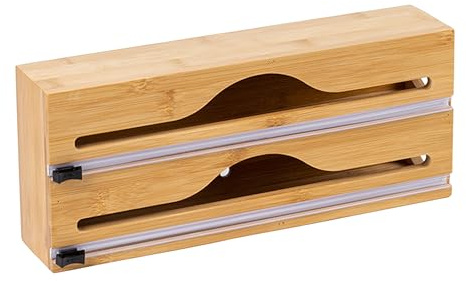 Relaxdays Folienspender, 2 Rollen, Schublade, Bambus, HxBxT: 14 x 33 x 7 cm, Folienschneider Küche, Folienhalter, Natur