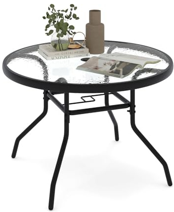 COSTWAY Gartentisch, Ø 70 cm Beistelltisch Outdoor mit Schirmloch & Glasplatte, runder Terrassentisch, Balkontisch, Kaffeetisch für Garten, Terrasse, Balkon