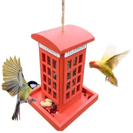 Iouyjiu para Aves Al Aire Libre,De Madera Decorado como Una Cabina Telefónica | Casa de Alimentación de Aves Silvestres,para Exterior Jardín Trasero Balcón Patio Porche Y Terraza