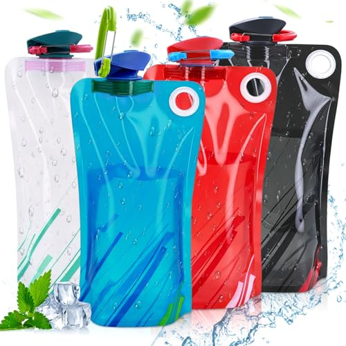 Lot de 4 gourdes pliables de 1 l, avec mousqueton, sans BPA, réutilisables, pour festival, randonnée, voyage