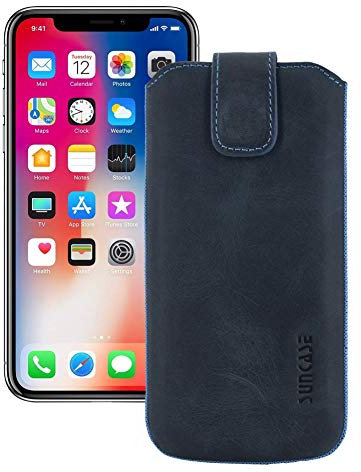 Suncase Etui Tasche kompatibel mit iPhone X | XS (5.8) | mit ZUSÄTZLICHER Hülle/Schale/Bumper *Lasche mit Rückzugfunktion* Ledertasche Schutzhülle Case Hülle in Pebble-Blue