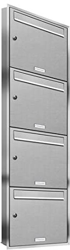 AL Briefkastensysteme, 4er Unterputzbriefkasten, Briefkasten rostfrei, 4 Fach Briefkastenanlage modern, Edelstahl Postkasten