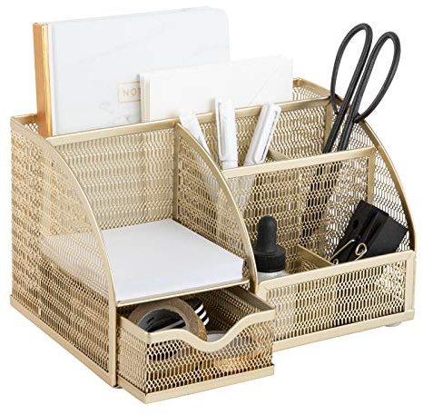 BLU MONACO | Gold Desk Organizer with Drawer | Metal Desktop Caddy with Six Compartments for Office Supplies | Stylish Desk Organizers and Accessories for Home or Office