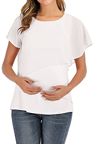 T-Shirt Umstandsmode Stilltop Stillbluse Schwanger Tops Umstands Oberteile Kurzarm Brust Rüschen Kreuz Mutterschaft Stillkleidung Umstandstops Umstandsbluse Umstandskleid